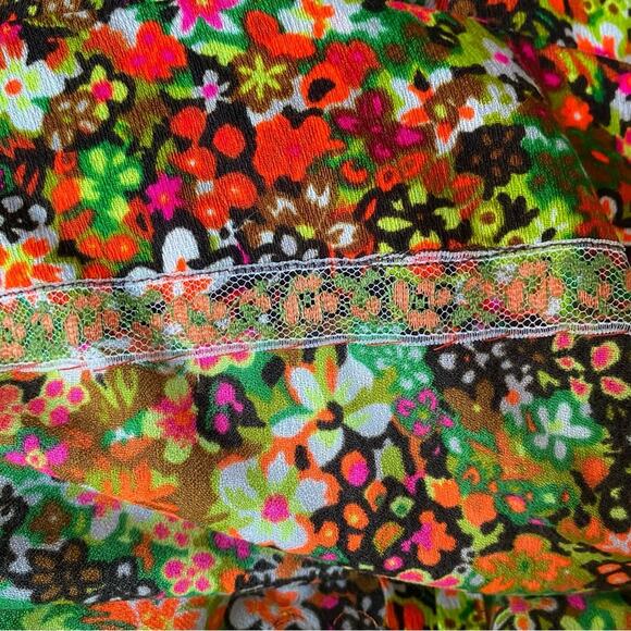Vintage 60s Floral Orange Green Brown Empire Waist Midi Dress Velvet Ribbon - Picture 8 of 8